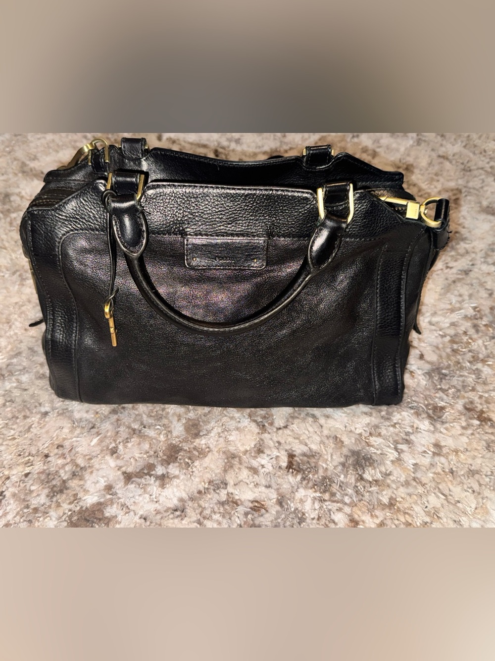 Fossil Black Leather Satchel with Gold Hardware